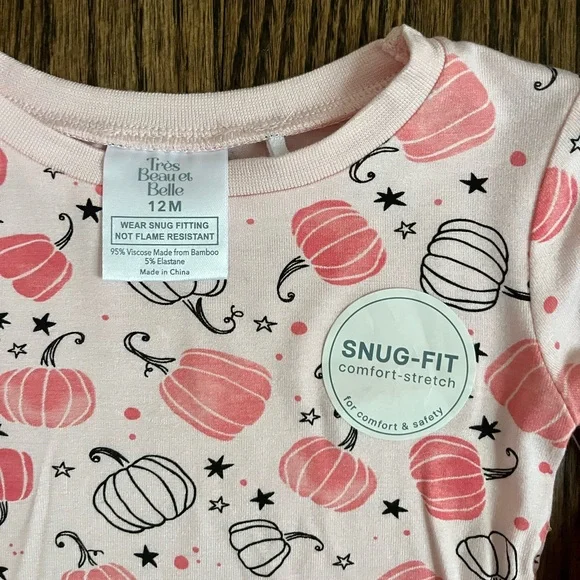 Tres Beau Et Belle Pink Pumpkin Toddler Pajama Set 12M New - Picture 2 of 5